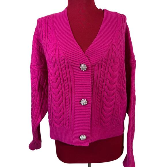 Mango MNG Hot Pink Cable Cardigan with embellished rhinestone buttons Size M - Picture 3 of 8